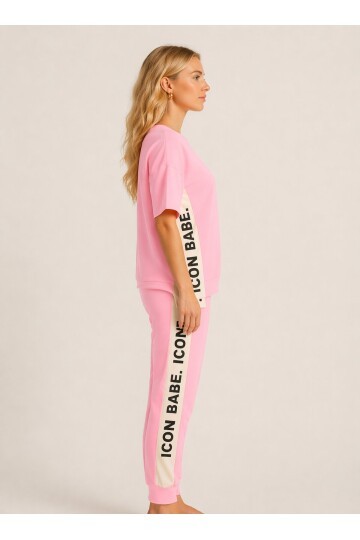 ICONE BABE Şerit Detaylı Oversize T-Shirt & Jogger Takım – Pembe