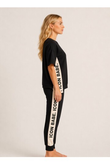 ICONE BABE Şerit Detaylı Oversize T-Shirt & Jogger Takım – Siyah