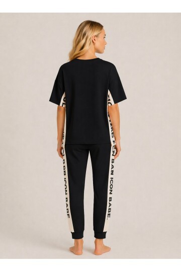 ICONE BABE Şerit Detaylı Oversize T-Shirt & Jogger Takım – Siyah