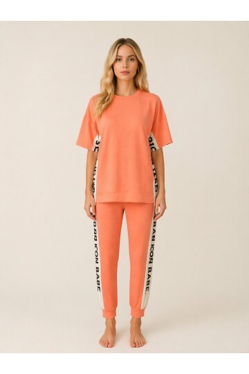 ICONE BABE Şerit Detaylı Oversize T-Shirt & Jogger Takım – Somon