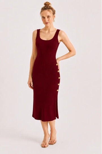 Kadın Bordo Düğme Detaylı Kaşkorse Midi Elbise