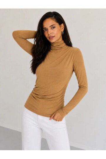 Kadın Camel Drapeli Boğazlı Uzun Kollu Esnek Fit Bluz