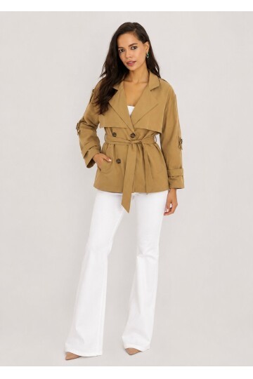 Kadın Camel Kuşaklı Trenç Ceket – Düğmeli Mevsimlik Oversize Model