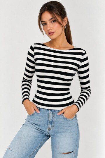 Kadın Çizgili Kayık Yaka Uzun Kollu Slim Fit Basic Bluz