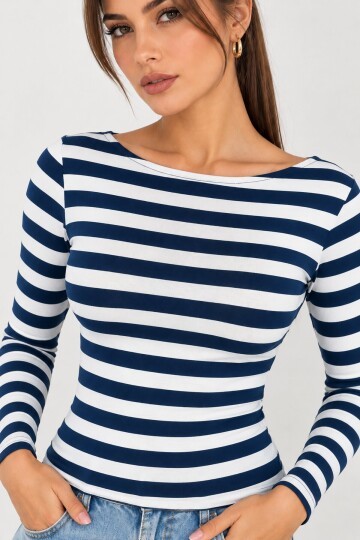 Kadın Çizgili Kayık Yaka Uzun Kollu Slim Fit Basic Bluz