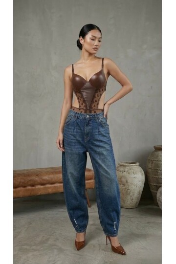 Kadın Dantelli Kahve Deri Transparan Çıtçıtlı Bodysuit