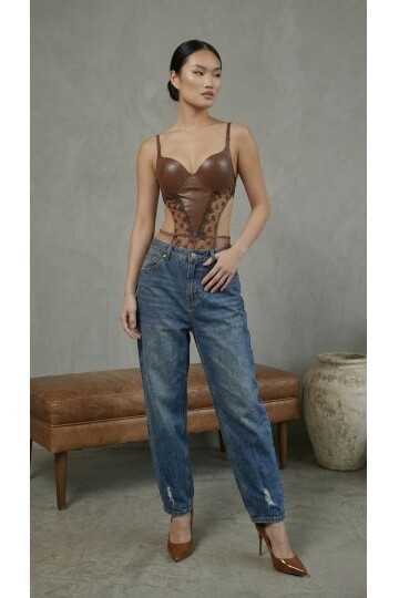 Kadın Dantelli Kahve Deri Transparan Çıtçıtlı Bodysuit