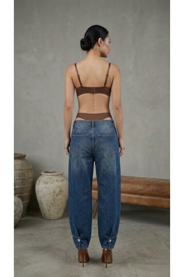 Kadın Dantelli Kahve Deri Transparan Çıtçıtlı Bodysuit