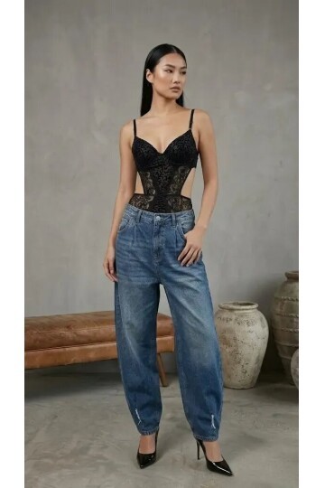 Kadın Dantelli Siyah Deri Transparan Çıtçıtlı Bodysuit