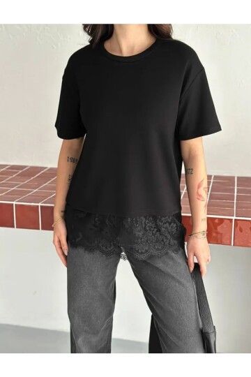 Kadın Eteği Dantel Detay T-shirt Siyah