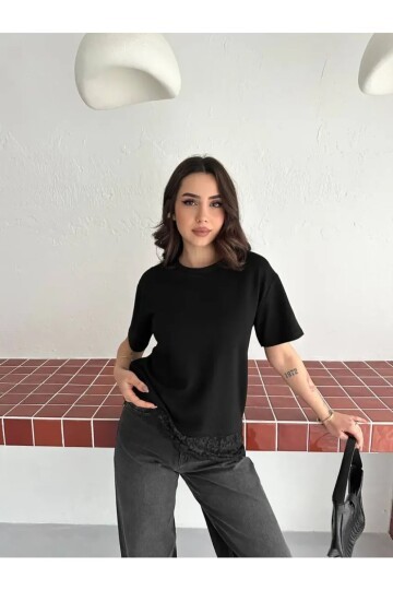 Kadın Eteği Dantel Detay T-shirt Siyah