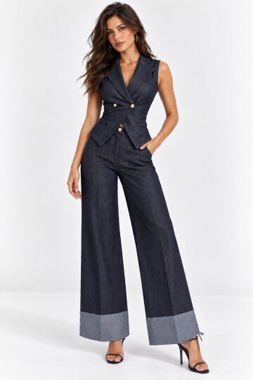 Kadın Gold Düğmeli Yelek & Geniş Paça Denim Pantolon Takım