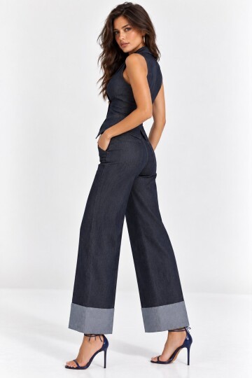 Kadın Gold Düğmeli Yelek & Geniş Paça Denim Pantolon Takım