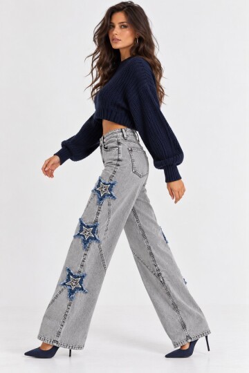 Kadın Gri Yıkamalı Yıldız Aplikeli Yüksek Bel Wide Leg Jean Pantolon