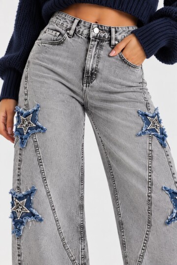 Kadın Gri Yıkamalı Yıldız Aplikeli Yüksek Bel Wide Leg Jean Pantolon