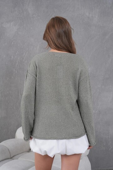 Kadın Haki Basic Oversize Kayık Yaka Dokulu Triko Kazak