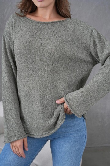 Kadın Haki Basic Oversize Kayık Yaka Dokulu Triko Kazak
