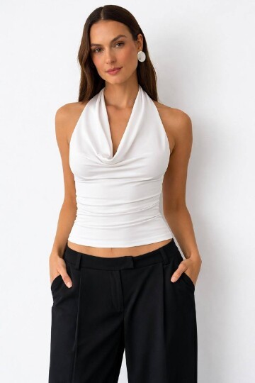 Kadın Halter Yaka Bluz Drapeli – Kayık Yaka, Esnek Kumaş, Fit Kesim Şık Bluz