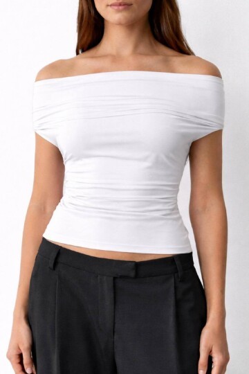 Kadın Halter Yaka Bluz Drapeli – Kayık Yaka, Esnek Kumaş, Fit Kesim Şık Bluz