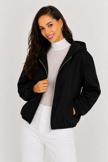 Kadın Kapüşonlu Fermuarlı Kaşe Mont Lastikli Bel ve Kol Detaylı Cepli Kısa Ceket