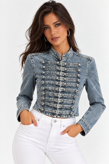 Kadın Premium Metal Düğme Detaylı Crop Denim Ceket