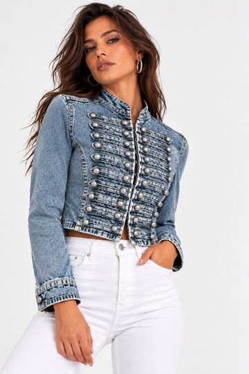 Kadın Premium Metal Düğme Detaylı Crop Denim Ceket