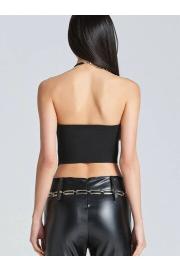 Kadın Şık Korse Crop Top - Straplez Düğmeli Büstiyer Siyah