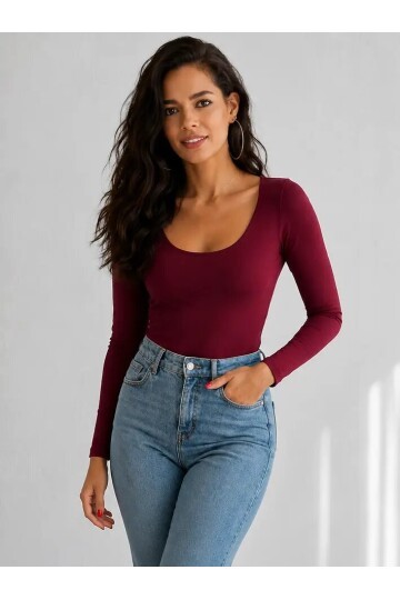 Kadın U Yaka Uzun Kollu Esnek Basic Bluz – Bordo