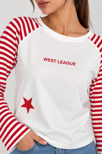 Kadın West League Baskılı Yıldız Detaylı Çizgili Kollu Bisiklet Yaka Uzun Kollu Bluz