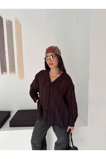 Kahverengi Çizgili Transparan Dokulu Oversize Kadın Gömlek