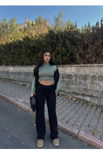 Kaşkorse Kumaş Kuş gözlü Siyah Eşofman Pantolon