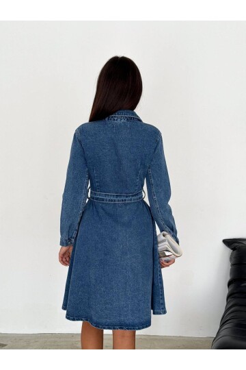Kemer Detaylı Düğmeli Jean Gömlek Elbise