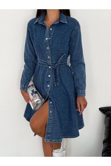 Kemer Detaylı Düğmeli Jean Gömlek Elbise