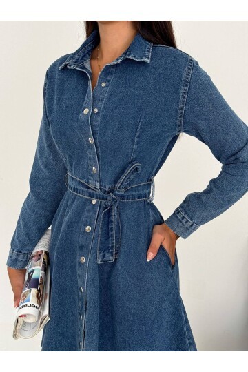 Kemer Detaylı Düğmeli Jean Gömlek Elbise