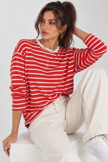 Kırmızı Ekru Çizgili Oversize Uzun Kollu Kadın Bluz