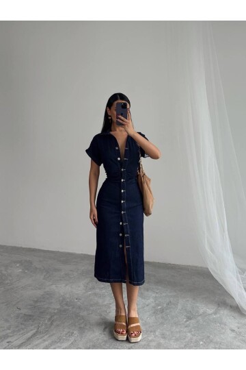 Koyu Lacivert Düğmeli Midi Boy Jean Elbise