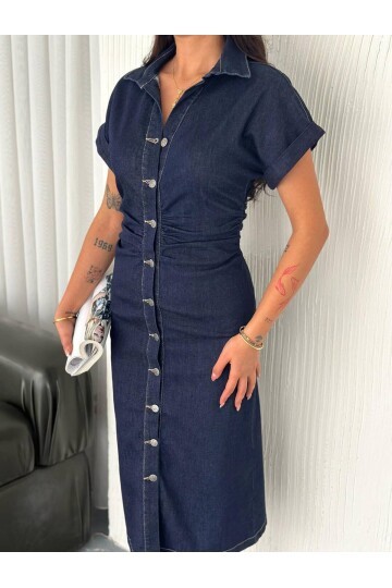 Koyu Lacivert Düğmeli Midi Boy Jean Elbise