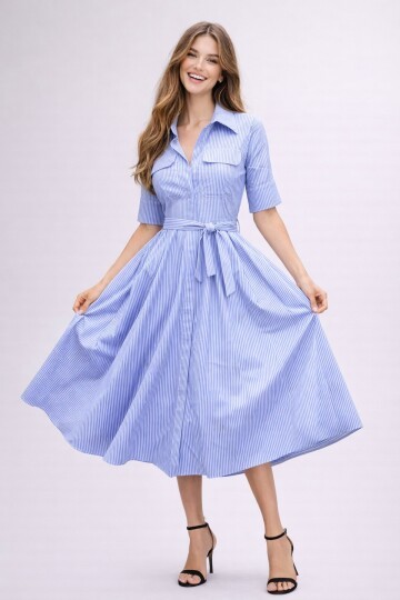 Mavi Çizgili Gömlek Yaka Midi Elbise – Rahat Kesim Günlük Şıklık