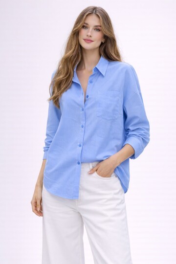 Mavi Çizgili Jakar Kumaş Oversize Gömlek