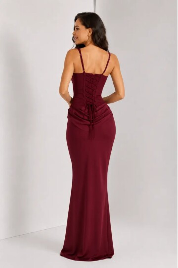 Maxi Boy Bağcıklı Ayarlanabilir Korse Detaylı Elbise –Bordo