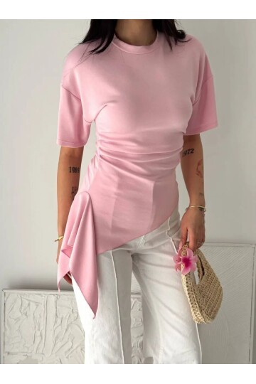 Pembe Asimetrik Drapeli Modern Basic Bluz