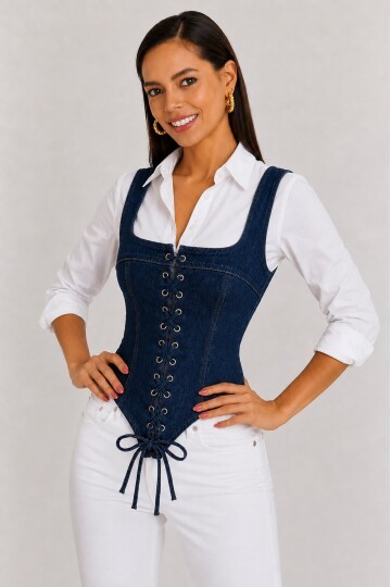 Retro Denim Bağcıklı Korse – Lacivert