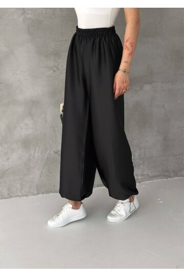 Saten Dokulu Lastik Paça Detaylı Yüksek Bel Bol Pantolon