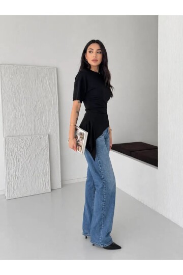 Siyah Asimetrik Drapeli Modern Basic Bluz