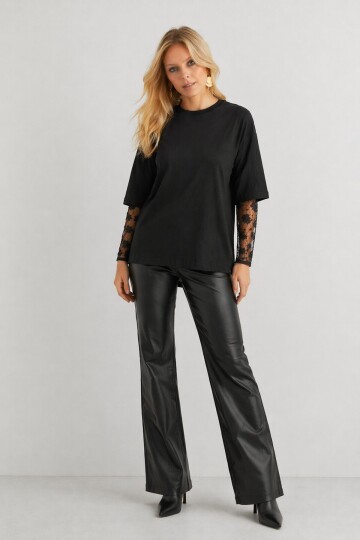 Siyah Dantel Kol Detaylı Oversize Kadın T-Shirt