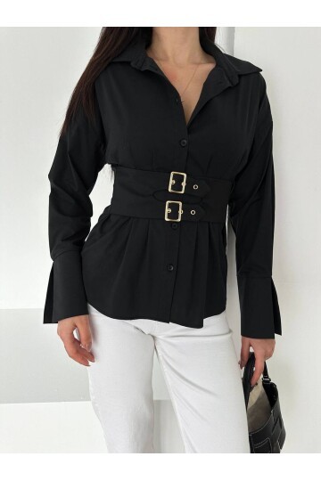 Siyah Korseli Detaylı Şık Gömlek – Bel Vurgulu Modern Kesim