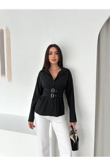 Siyah Korseli Detaylı Şık Gömlek – Bel Vurgulu Modern Kesim