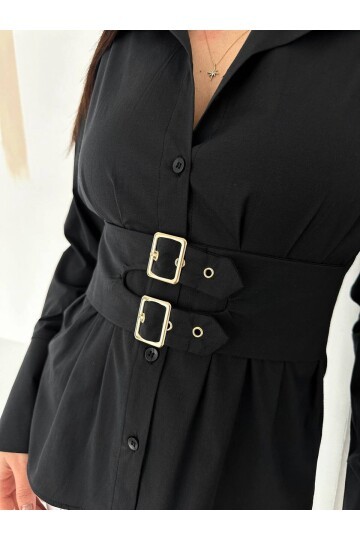 Siyah Korseli Detaylı Şık Gömlek – Bel Vurgulu Modern Kesim