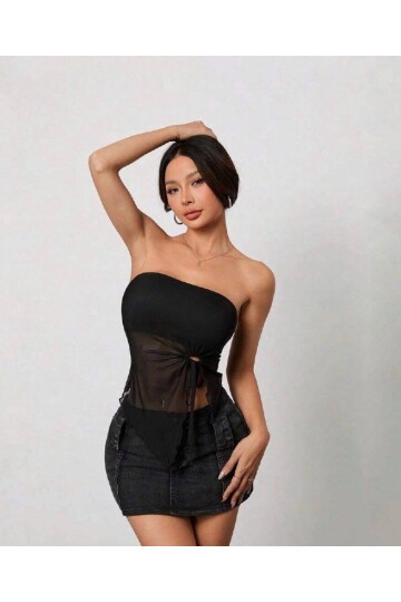 Siyah Straplez Tül Detaylı Büzgülü Crop Bluz