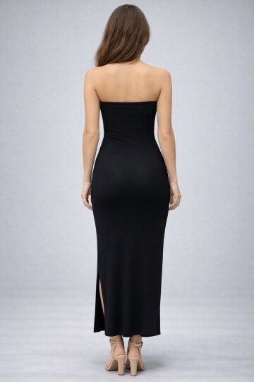 Siyah Straplez Yırtmaç Detaylı Uzun Elbise
